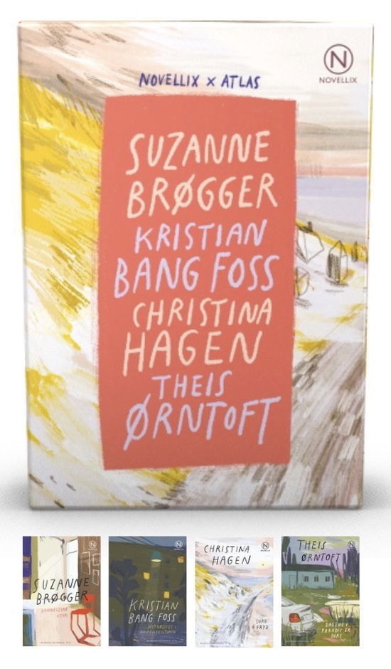 Cover for Suzanne Brøgger, Kristian Bang Foss, Christina Hagen, Theis Ørntoft · Noveller fra Novellix: Gaveæske med fire essays af Brøgger, Bang Foss, Hagen &amp; Ørntoft (Sewn Spine Book) [1.º edición] (2021)