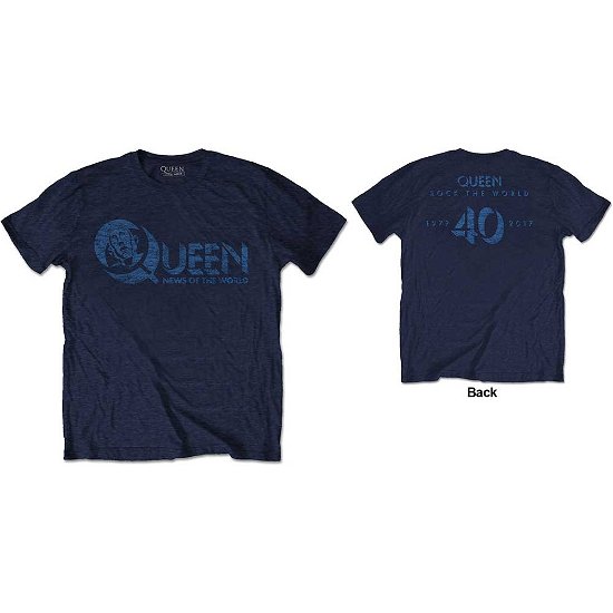 Cover for Queen · Queen Unisex T-Shirt: News of the World 40th Vintage Logo (Back Print) (T-shirt) [size M] [Blue - Unisex edition]