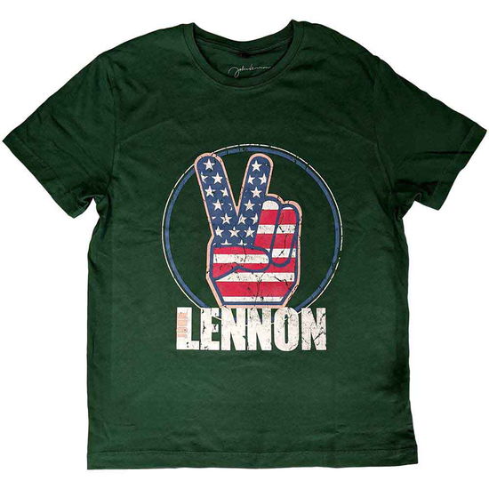 John Lennon Unisex T-Shirt: Peace Fingers US Flag (Green) - John Lennon - Produtos - - 5056561058306 - 3 de novembro de 2022