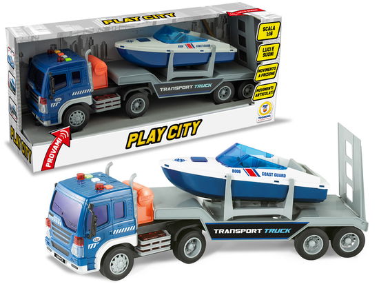 Cover for Teorema: Play City · Camion Con Bisarca Porta Barca A Friz.Luci E Suoni Scala 1:16 - Open Touch Box (Toys)