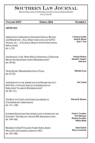 Cover for Salsb · Southern Law Journal, Vol. Xxiv, Spring 2014 (Paperback Book) (2014)