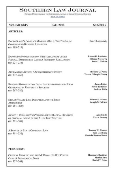 Cover for Salsb · Southern Law Journal, Vol. Xxiv, No. 2, Fall 2014 (Taschenbuch) (2014)