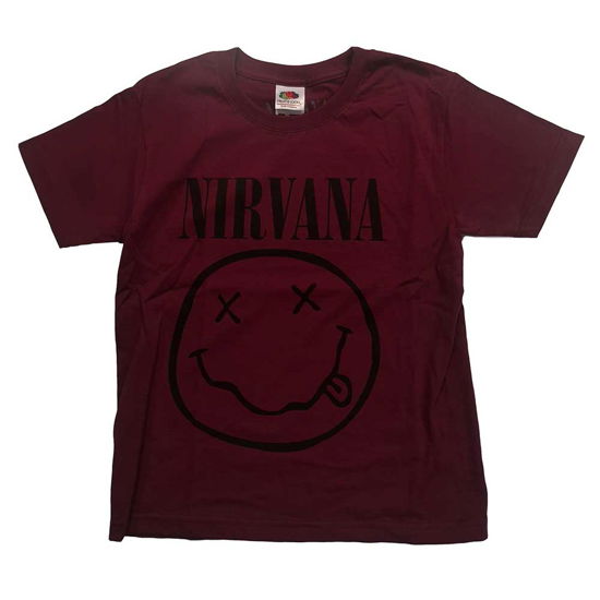 Cover for Nirvana · Nirvana Kids T-Shirt: Grey Happy Face (Maroon Red) (9-10 Years) (T-shirt) [size 9-10yrs] (2021)