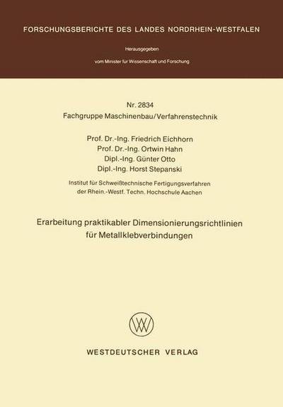 Cover for Friedrich Eichhorn · Erarbeitung Praktikabler Dimensionierungsrichtlinien Feur Metallklebverbindungen (Paperback Bog) [1979 edition] (1979)