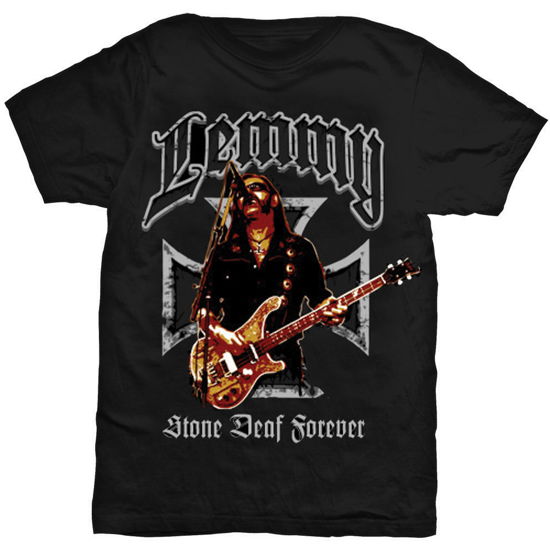 Lemmy Unisex T-Shirt: Iron Cross Stone Deaf Forever - Lemmy - Fanituote - ROFF - 5055979931348 - keskiviikko 4. toukokuuta 2016