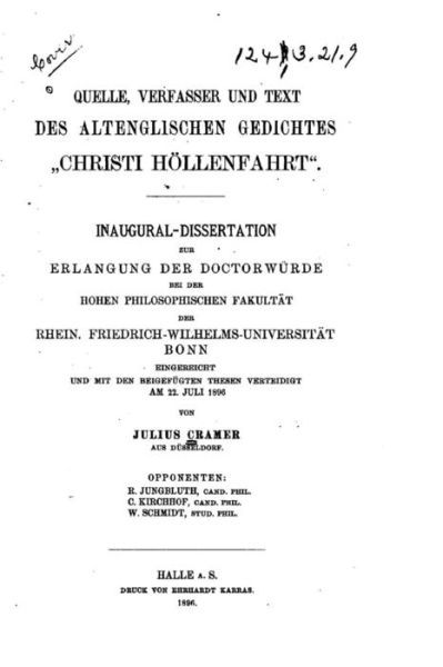 Cover for Julius Cramer · Quelle, Verfasser, und Text des altenglischen Gedichtes Christi Hoellenfahrt (Paperback Book) (2015)