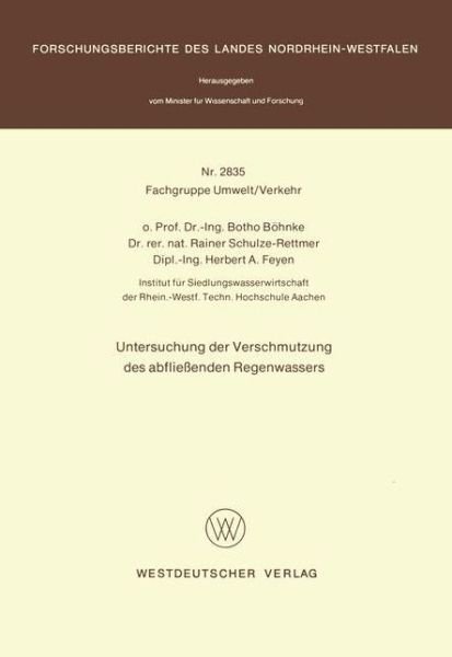 Cover for Botho Boehnke · Untersuchung Der Verschmutzung Des Abfliessenden Regenwassers (Paperback Book) [1979 edition] (1979)