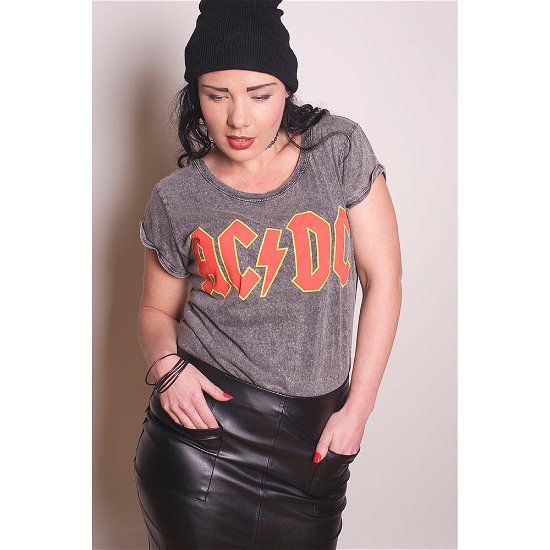 Cover for AC/DC · AC/DC Ladies Tee: Classic Logo (Acid Wash) (Klær) [size XS] [Black,Grey - Ladies edition]