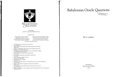 Babylonian Oracle Questions - Mesopotamian Civilizations - Wilfred G. Lambert - Books - Pennsylvania State University Press - 9781575061368 - June 30, 2007