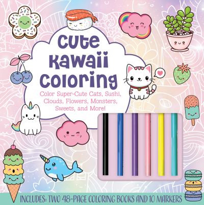 Cover for Editors of Chartwell Books · Cute Kawaii Coloring Kit: Color Super-Cute Cats, Sushi, Clouds, Flowers, Monsters, Sweets, and More! Includes: Two 48-page Coloring Books and 10 Markers (Bok) (2022)