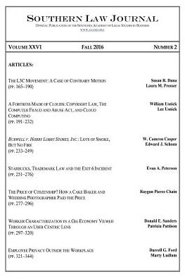 Cover for Salsb · Southern Law Journal, Vol. XXVI, No. 2, Fall 2016 (Paperback Book) (2016)