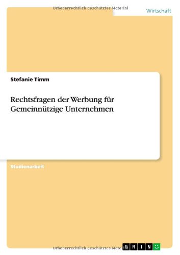 Cover for Timm · Rechtsfragen der Werbung für Gemei (Book) [German edition] (2010)