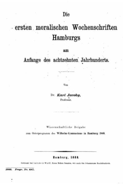 Cover for Karl Jacoby · Die ersten moralischen Wochenschriften Hamburgs (Paperback Book) (2015)