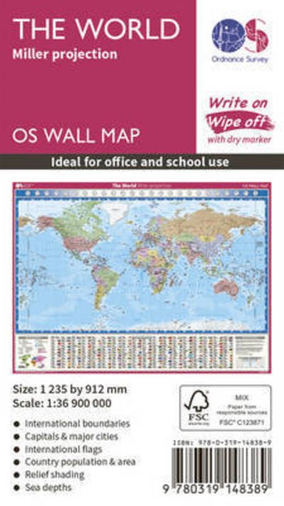 Cover for Ordnance Survey · The World Miller Projection - OS Wall Map (Landkarten) [February 2016 edition] (2016)