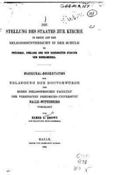 Cover for Elmer E Brown · Die Stellung des Staates zur Kirche (Pocketbok) (2015)