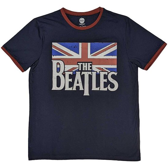 The Beatles Unisex Ringer T-Shirt: Drop T Logo & Vintage Flag - The Beatles - Marchandise -  - 5056737209440 - 