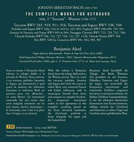 J.S. Bach: The Complete Works For Keyboard. Vol. 5 Toccata / Weimar 1708-1717 - Benjamin Alard - Musik - HARMONIA MUNDI - 3149020942444 - 12 november 2021