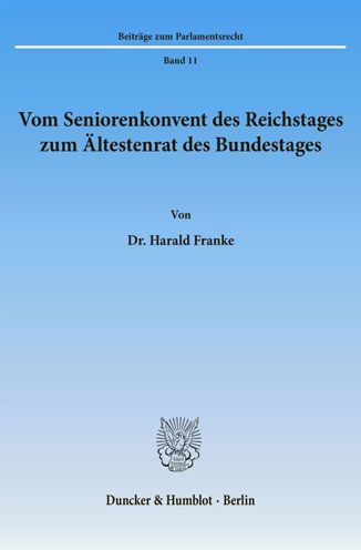 Cover for Franke · Vom Seniorenkonvent des Reichsta (Book) (1987)