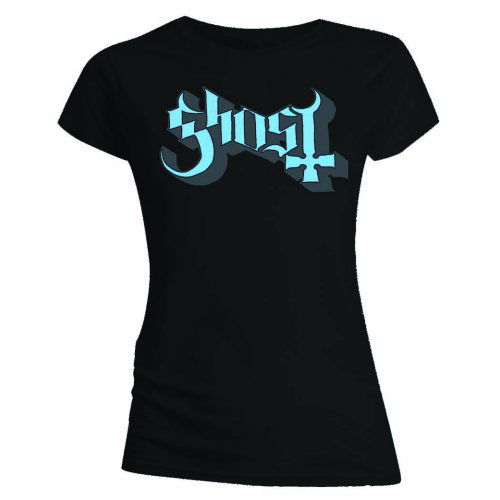 Cover for Ghost · Ghost Ladies T-Shirt: Blue / Grey Keyline Logo (Skinny Fit) (T-shirt) [size S] [Black - Ladies edition]