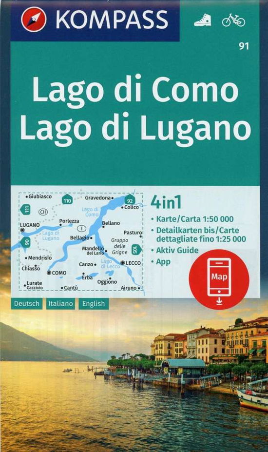 Carta Escursionistica N. 91. Lago Di Como, Lago Di Lugano, 1:50.000. Ediz. Italiana, Tedesca E Inglese - Mair-Dumont / Kompass - Books - Skompa - 9783990445457 - March 1, 2019