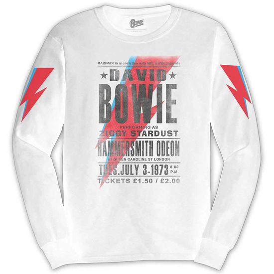 David Bowie Unisex Long Sleeve T-Shirt: Hammersmith Odeon (White) (Sleeve Print) - David Bowie - Produtos - Rockoff - 5056170697477 - 26 de julho de 2024