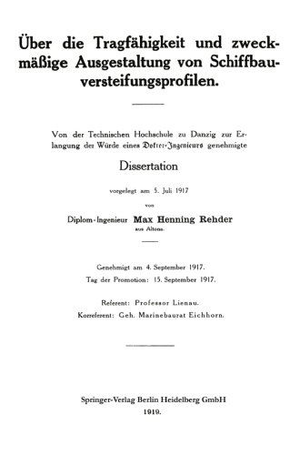 Cover for Max Henning Rehder · UEber Die Tragfahigkeit Und Zweckmassige Ausgestaltung Von Schiffbauversteifungsprofilen (Paperback Book) [1919 edition] (1919)