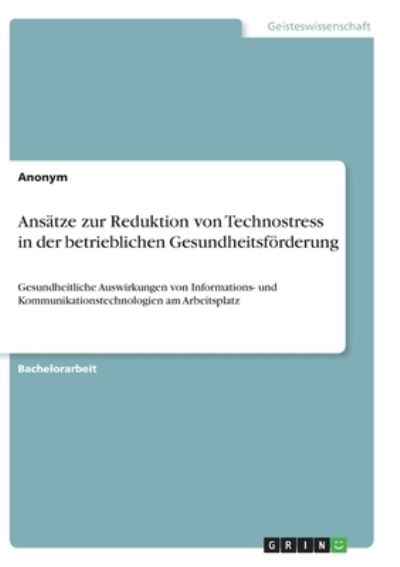 Cover for Anonym · Ansätze zur Reduktion von Techno (N/A)