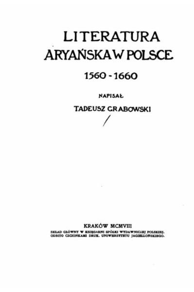 Cover for Tadeusz Grabowski · Literatura Aryanska W Polsce, 1560-1660 (Paperback Bog) (2016)