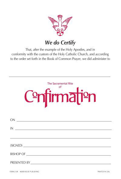 Confirmation Certificate #210r - Church Publishing - Books - Morehouse Church Supplies - 9781640655485 - 1990