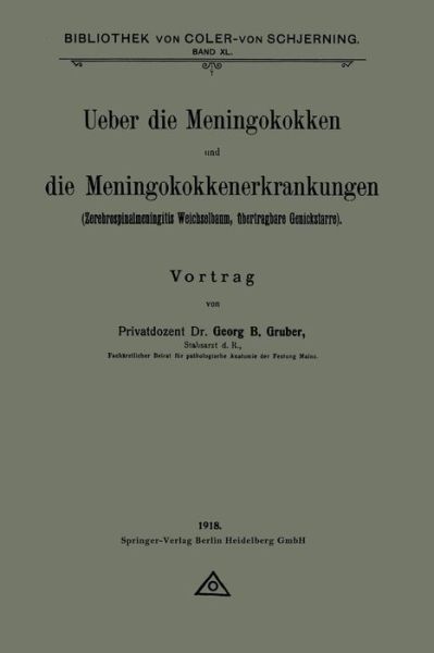 Cover for Georg B Gruber · Ueber Die Meningokokken Und Die Meningokokkenerkrankungen: Zerebrospinalmeningitis Weichselbaum, UEbertragbare Genickstarre (Pocketbok) [1918 edition] (1918)