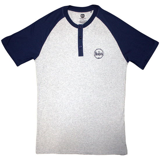 The Beatles Unisex Raglan T-Shirt: Mini Drum Logo (Grey & Navy Blue) (3 Button Collar) - The Beatles - Produtos - - 5056737279498 - 27 de janeiro de 2025