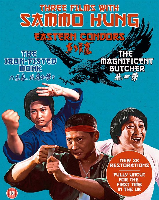 Cover for THREE FILMS WITH SAMMO HUNG THE IRONFISTED MONK  MAGNIFICENT BUTCHER  EASTERN CONDORS Eureka Classics Bluray · The Iron Fisted Monk / The Magnificent Butcher / Eastern Condors (Blu-ray) (2019)