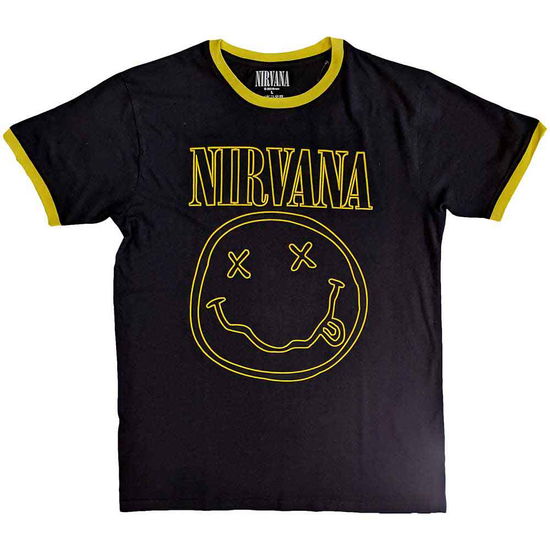 Nirvana Unisex Ringer T-Shirt: Outline Happy Face - Nirvana - Koopwaar -  - 5056561071503 - 