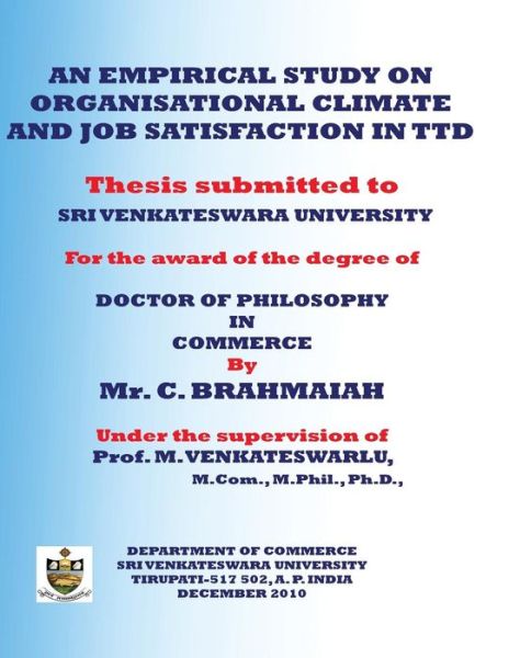 Cover for C Brahmaiah · An empirical study on organisational climate and job satisfaction in ttd (Paperback Book) (2010)