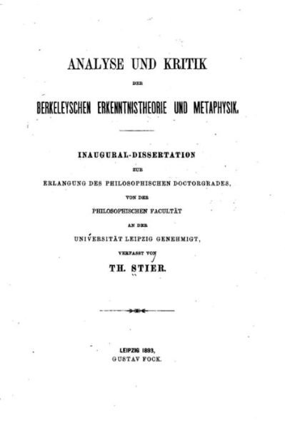 Cover for Th Stier · Analyse und Kritik der berkeleyschen Erkenntnistheorie und Metaphysik (Paperback Book) (2016)