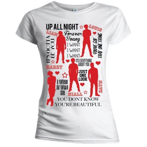 One Direction Ladies T-Shirt: Silhouette Lyrics Red on White (Skinny Fit) - One Direction - Merchandise - Global - Apparel - 5055295342507 - 
