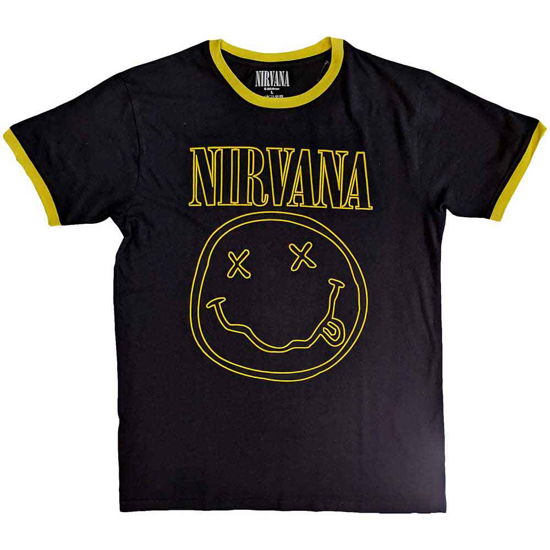 Nirvana Unisex Ringer T-Shirt: Outline Happy Face - Nirvana - Koopwaar -  - 5056561071510 - 