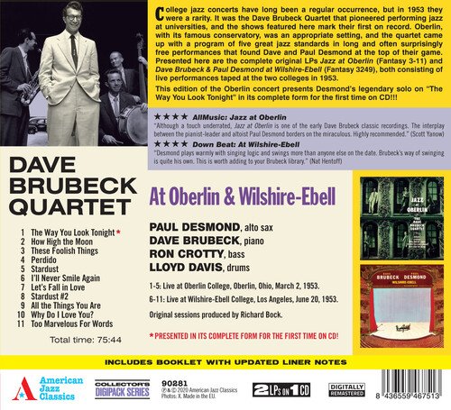 Cover for Dave Brubeck Quartet · At Oberlin &amp; Wilshire-Ebell (CD) [Digipak] (2020)