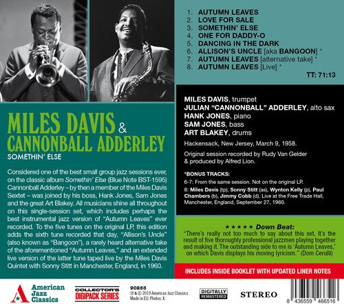 Cover for Miles Davis &amp; Canonball Adderley · Somethin Else - The Complete Album (CD) [Digipak] (2019)