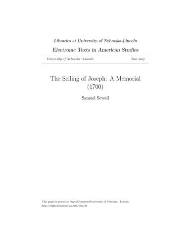 Cover for Samuel Sewall · Selling of Joseph: A Memorial (Paperback Book) (1969)