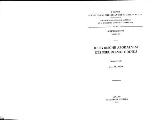 Cover for Gj Reinink · Die Syrische Apokalypse Des Pseudo-methodius Syr. 221. (Corpus Scriptorum Christianorum Orientalium) (Paperback Bog) (1993)