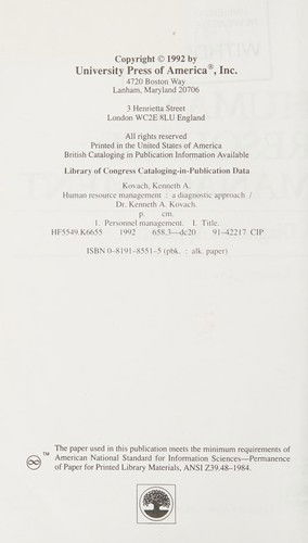 Human Resource Management: A Diagnostic Approach - Kenneth A. Kovach - Books - Rowman & Littlefield - 9780819185518 - December 30, 1991