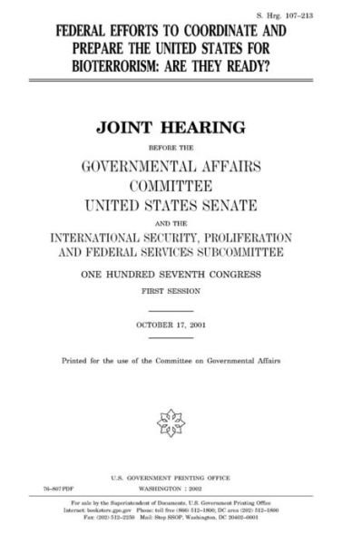 Cover for United States Congress · Federal efforts to coordinate and prepare the United States for bioterrorism (Pocketbok) (2018)