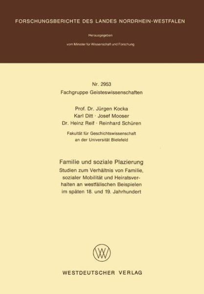 Cover for Jurgen Kocka · Familie Und Soziale Plazierung (Paperback Book) [1980 edition] (1980)