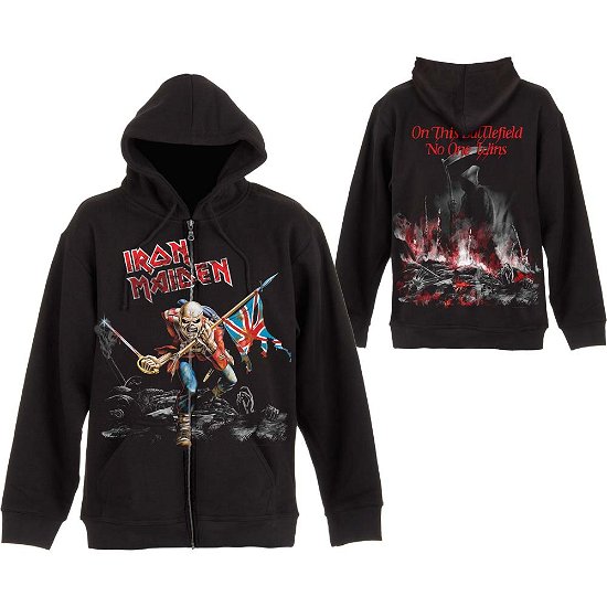 Iron Maiden Unisex Zipped Hoodie: Scuffed Trooper (Back Print) - Iron Maiden - Merchandise - Global - Apparel - 5055979938538 - 