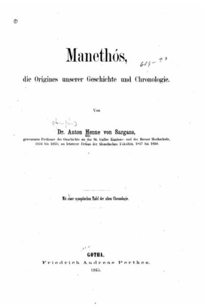 Cover for Anton Henne Von Sargans · Manethos, die origines unserer geschichte und chronologie (Paperback Book) (2015)