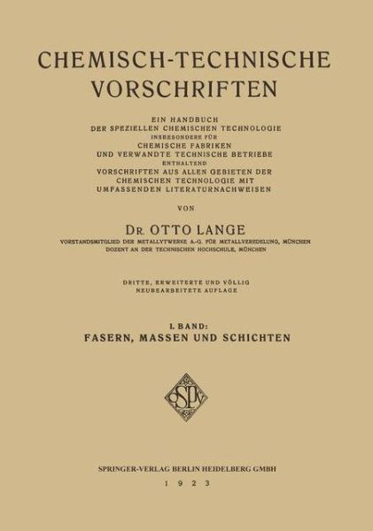 Cover for Lange Dr. Otto Lange · Chemisch-Technische Vorschriften: II. Band: Fasern, Massen und Schichten (Paperback Book) (1923)