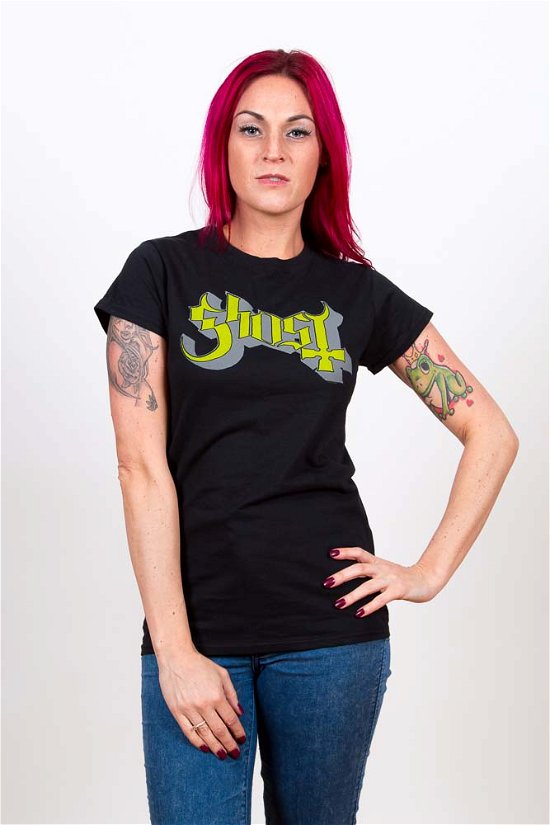 Cover for Ghost · Ghost Ladies T-Shirt: Green / Grey Keyline Logo (Skinny Fit) (T-shirt) [size S] [Black - Ladies edition]