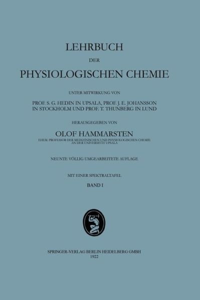 Cover for Olof Hammarsten · Lehrbuch Der Physiologischen Chemie (Paperback Book) [9th 9. Aufl. 1922. Softcover Reprint of the Origin edition] (1922)