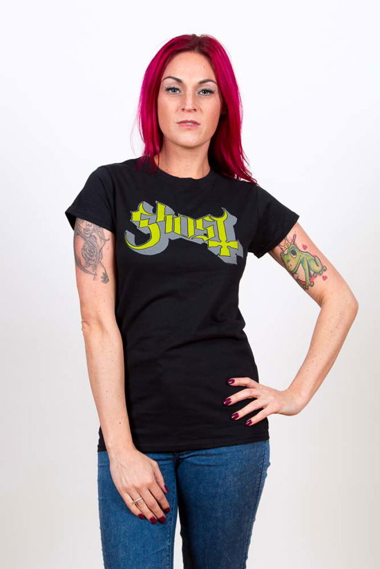 Cover for Ghost · Ghost Ladies T-Shirt: Green / Grey Keyline Logo (Skinny Fit) (T-shirt) [size M] [Black - Ladies edition]